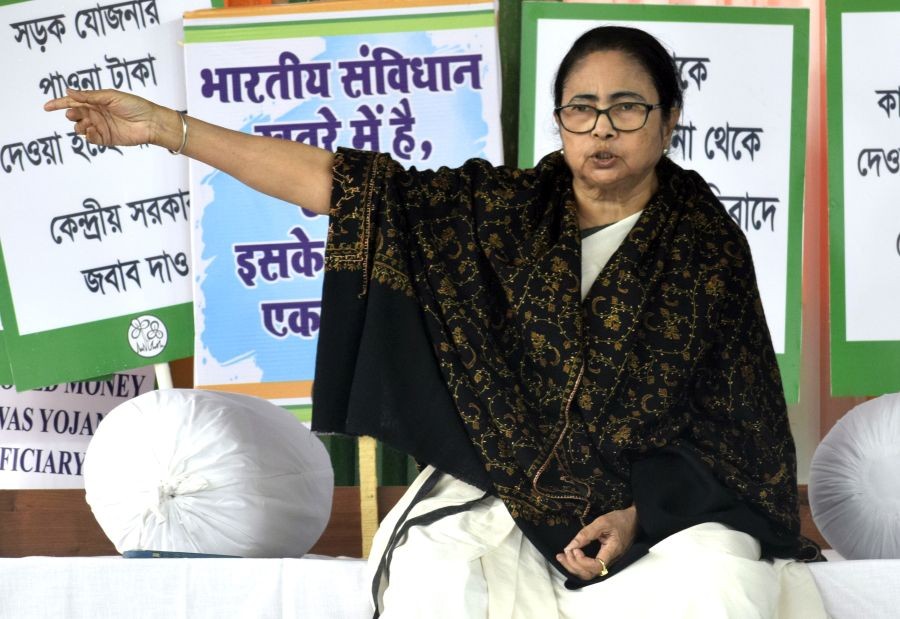 West Bengal Chief Minister Mamata Banerjee during a dharna demanding the state's ‘dues’ from the Centre for various social welfare schemes, in Kolkata, Friday, Feb. 2, 2024.(IANS/Kuntal Chakrabarty)