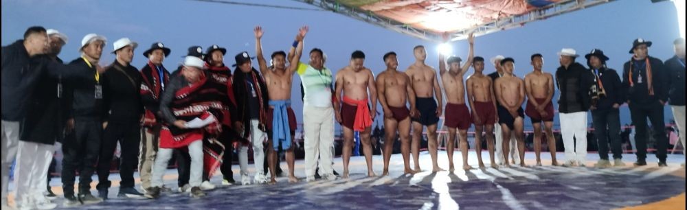 Winners with officials right after the final match of the Phek Area Wrestling Association 28th wrestling championship 2024.