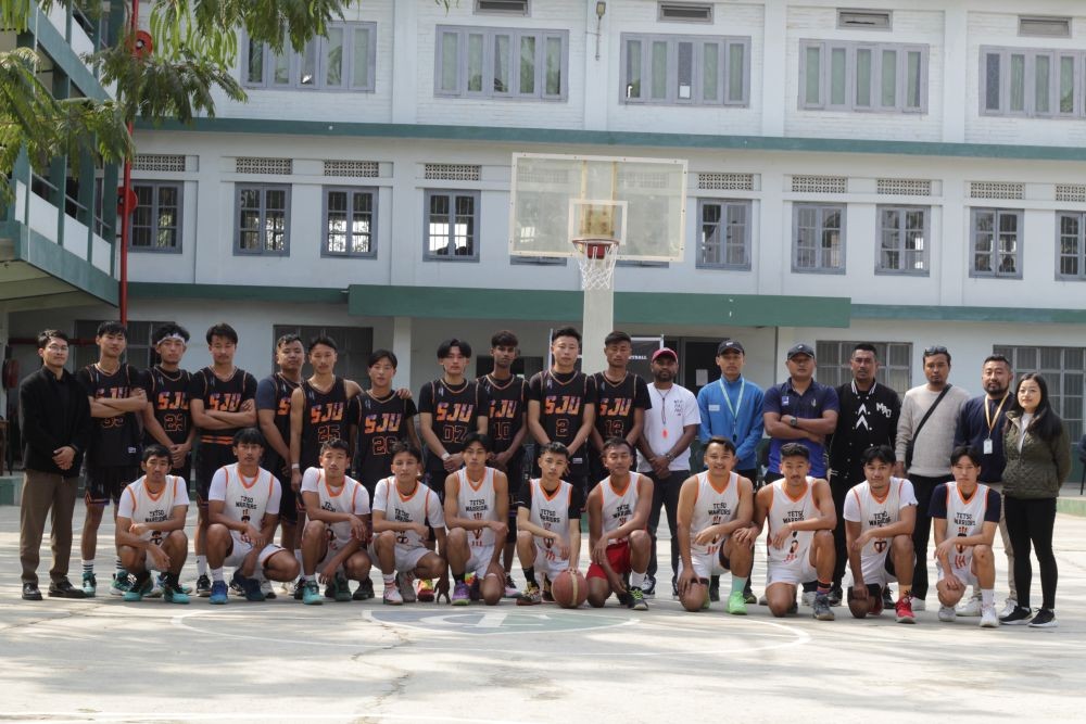 Testo College and St Joseph University men teams before the final match of the 4th Inter-College Basketball Tournament on February 9 which was hosted by Immanuel College Dimapur.