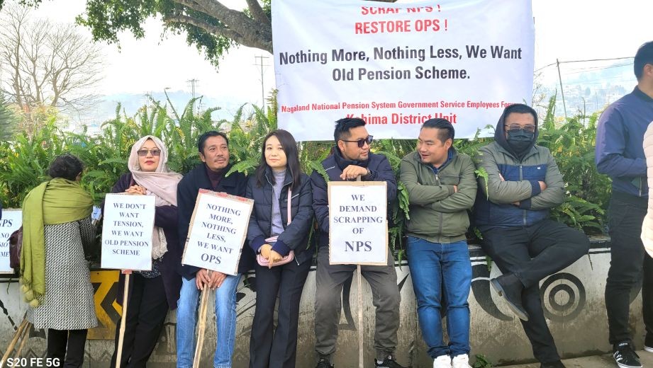 Government employees under the aegis of Nagaland National Pension System Government Service Employees Forum staged a peaceful dharna at Civil Secretariat, Kohima demanding restoration of Old Pension Scheme on February 16. (Morung Photo)