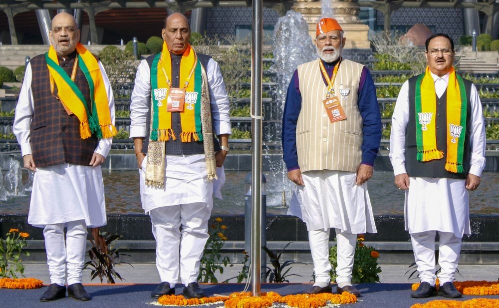 New Delhi: Prime Minister Narendra Modi, BJP national president JP Nadda, Defence Minister Rajnath Singh and Union Home Minister Amit Shah during the party's flag hoisting at the BJP National Council Meeting, in New Delhi on Saturday, Feb. 17, 2024. (Photo: IANS/Qamar Sibtain)