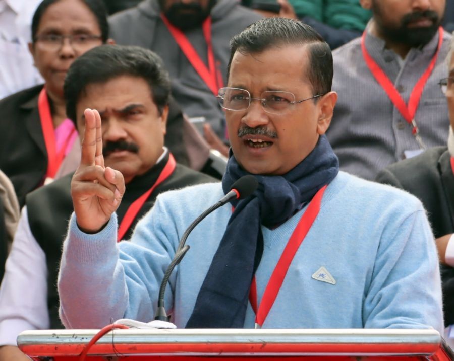 Delhi Chief Minister Arvind Kejriwal addresses during LDF's protest against the BJP-led Centre over alleged neglect and partiality in allocation of funds to their states, at Jantar Mantar, in New Delhi, Thursday, Feb. 8, 2024.(IANS/Wasim Sarvar)
