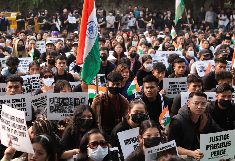 New Delhi : People from Manipur stage a protest against the ongoing ethnic violence in the state, at Jantar Mantar in New Delhi on Friday, November 03, 2023. (Photo: IANS/Wasim Sarvar)