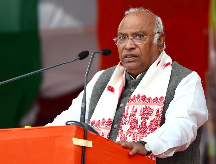 Congress President Mallikarjun Kharge addresses during a public meeting amid the 'Bharat Jodo Nyay Yatra', in Nagaon district, Assam, Sunday, Jan. 21, 2024.
