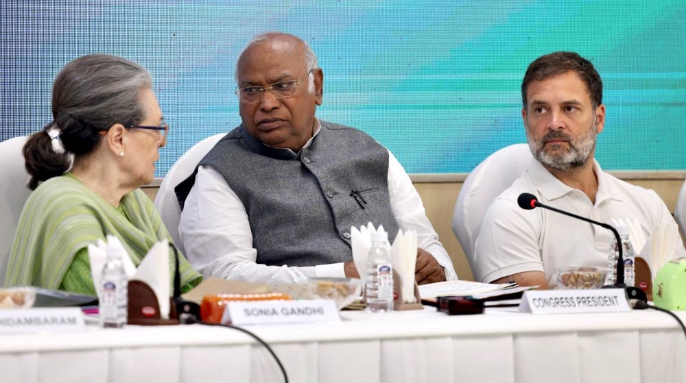 New Delhi: Congress President Mallikarjun Kharge with party leaders Sonia Gandhi and Rahul Gandhi during the 'Congress Working Committee (CWC) Meeting' at ACC headquarters, in New Delhi, Tuesday, March 19, 2024. (IANS/AICC)