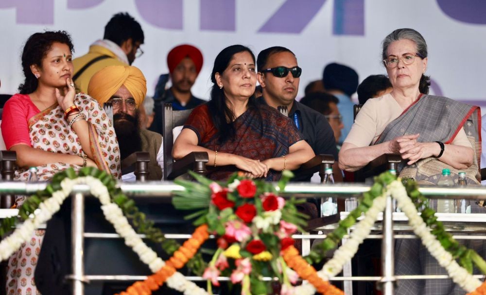 New Delhi: Congress senior leader Sonia Gandhi with Sunita Kejriwal, wife of Delhi CM Arvind Kejriwal and Kalpana Soren, wife of Jharkhand Mukti Morcha (JMM) leader and former CM Hemant Soren during the INDIA bloc's Loktantra Bachao rally at Ramleela Maidan, in New Delhi, Sunday, March 31, 2024.(IANS)