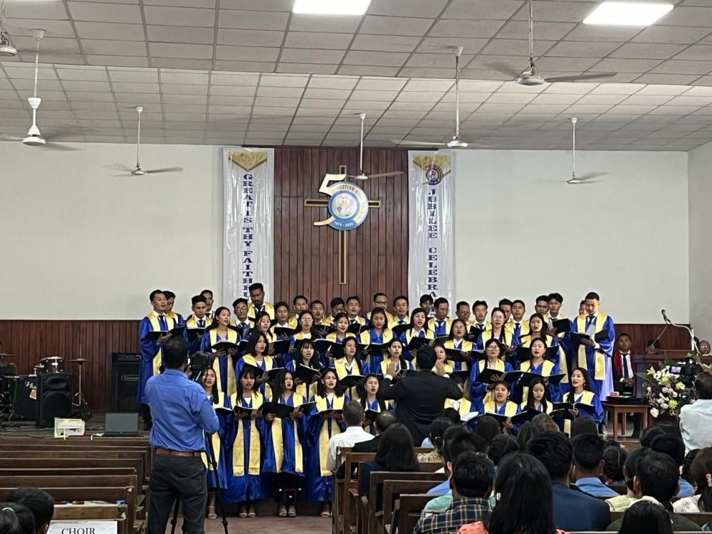 The EBC Jubilee Choir performs a special number during the jubilee service at Buntain Chapel Hall in the college premises located in Bank colony, Dimapur on March 17. (Morung Photo)