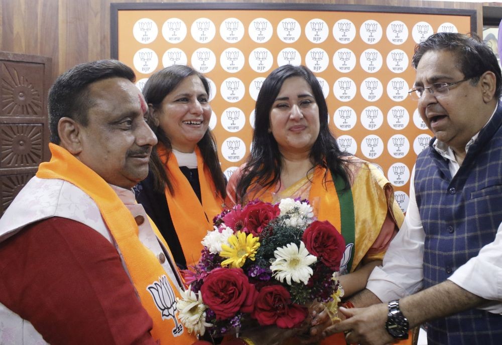 New Delhi: Daughter of late BJP leader Sushma Swaraj and the party's Delhi Secretary Bansuri Swaraj, BJP leader Kamaljeet Sehrawat and others celebrate after being named to contest for the upcoming Lok Sabha elections, in New Delhi, Saturday, March 2, 2024. (Photo: IANS/Qamar Sibtain)