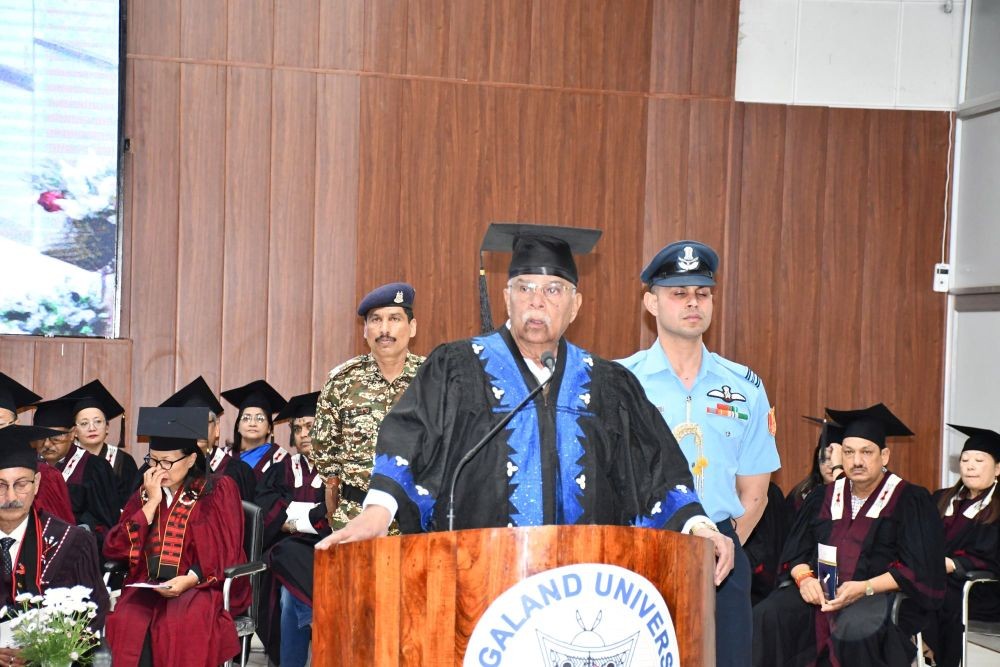 Governor of Nagaland and Chief Rector of Nagaland University, La Ganesan addresses the 6th Convocation of the university at Lumami, Zunheboto on March 22. (Morung Photo)