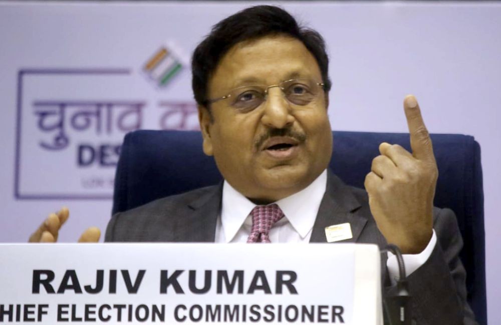 New Delhi : Chief Election Commissioner Rajiv Kumar addresses a press conference on General Elections 2024, in New Delhi on Saturday, March 16, 2024. (Photo: IANS/Qamar Sibtain)