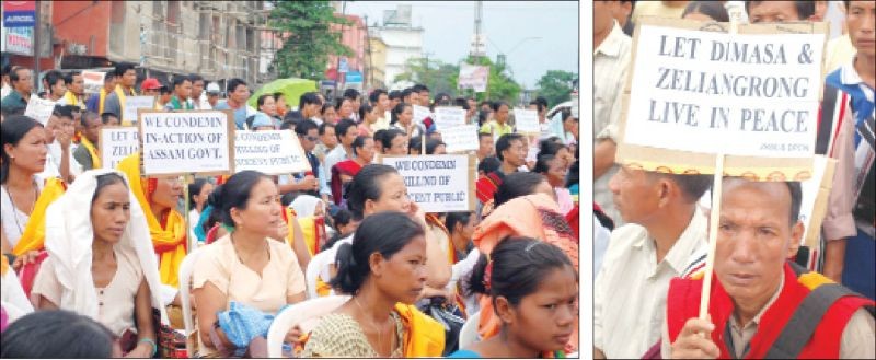 (Left) Dimasa and Naga women hold placards during a peace rally in Dimapur today, calling for restoration of peace in North Cachar Hills of Assam where ethnic violence is on between the Zeme and the Dimasa communities. (Right) An elderly Naga man makes his opinion heard at the peace rally. (Photo: Caisii Mao)