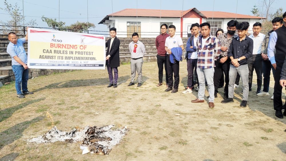 Members of Naga Students' Federation and North East Students' Organisation protest against the implementation of the Citizenship Amendment Act at Naga Solidarity Park in Kohima on March 12. (Morung Photo)