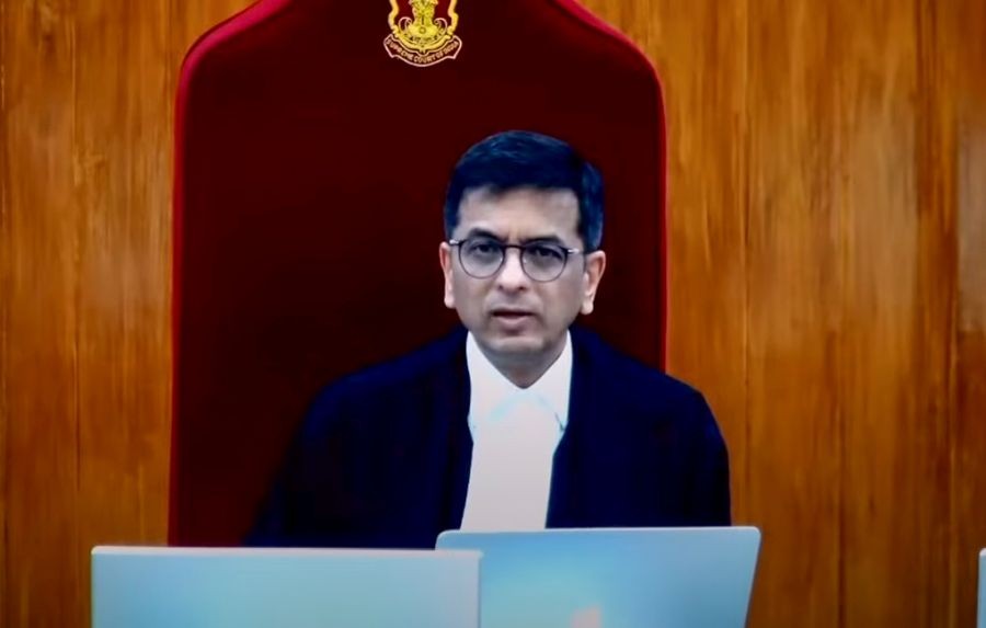 The five-judge constitution bench headed by Chief Justice of India (CJI) Justice D.Y. Chandrachud during a hearing on the electoral bonds case, in New Delhi on Monday, March 18, 2024. (Photo: IANS/Video Grab/Supreme Court)
