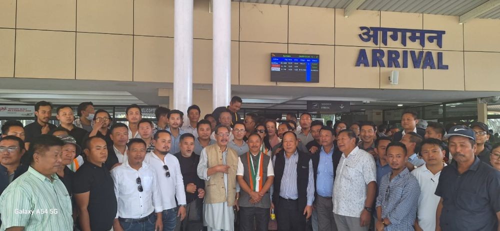 Congress workers in Nagaland receives NPCC President and Congress Candidate from Nagaland Parliamentary Constituency S Supongmeren Jamir at the Dimapur Airport on his return from Delhi on March 16. (Photo Courtesy: NPCC)