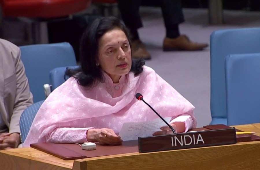 India's Permanent Representative Ruchira Kamboj speaks at the United Nations Security Council on Monday, April 24, 2023. (Photo Source: UN)