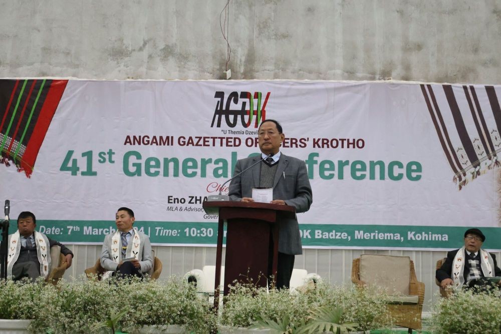 Advisor Zhaleo Rio speaking at 41st General Conference of the Angami Gazetted Officers’ Krotho at AGOK Badze, Meriema on March 7. (DIPR Photo)