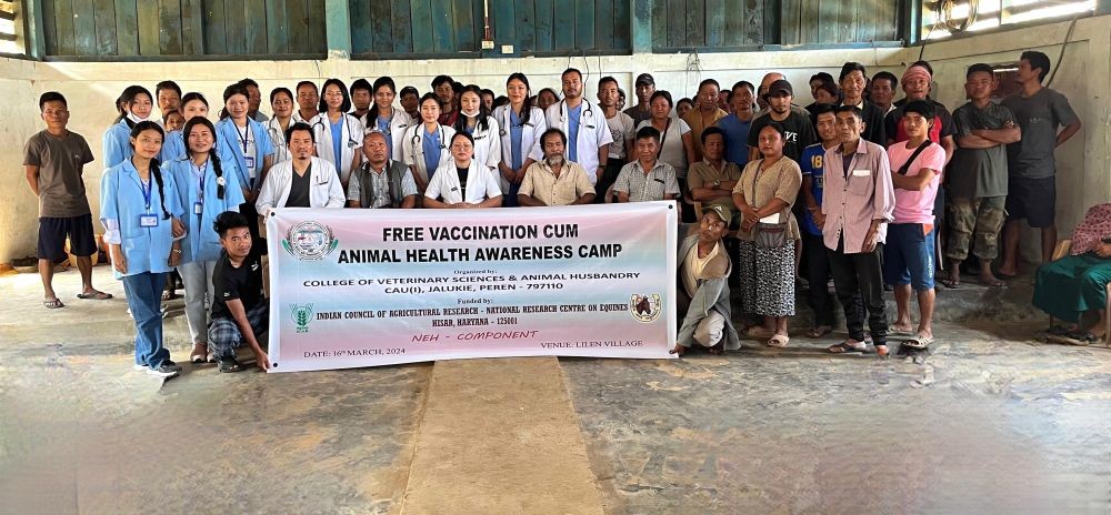 Participants of the free vaccination-cum-animal health camp and awareness programme organised by College of Veterinary Sciences and Animal Husbandry, CAU (I), Jalukie at Council Hall, Lilen village on March 16.  (Photo Courtesy: