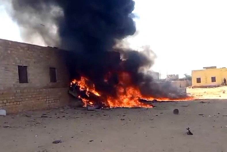 A Tejas aircraft of the Indian Air Force (IAF) in flames after it crashed during an operational training sortie, near Jaisalmer, Tuesday, March 12, 2024. Pilot of the aircraft ejected safely. (Photo: IANS/Video Grab)