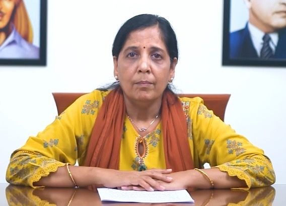 New Delhi: Delhi Chief Minister Arvind Kejriwal's wife Sunita Kejriwal delivers her message via video conference, in New Delhi on Saturday, March 23, 2024.(IANS)
