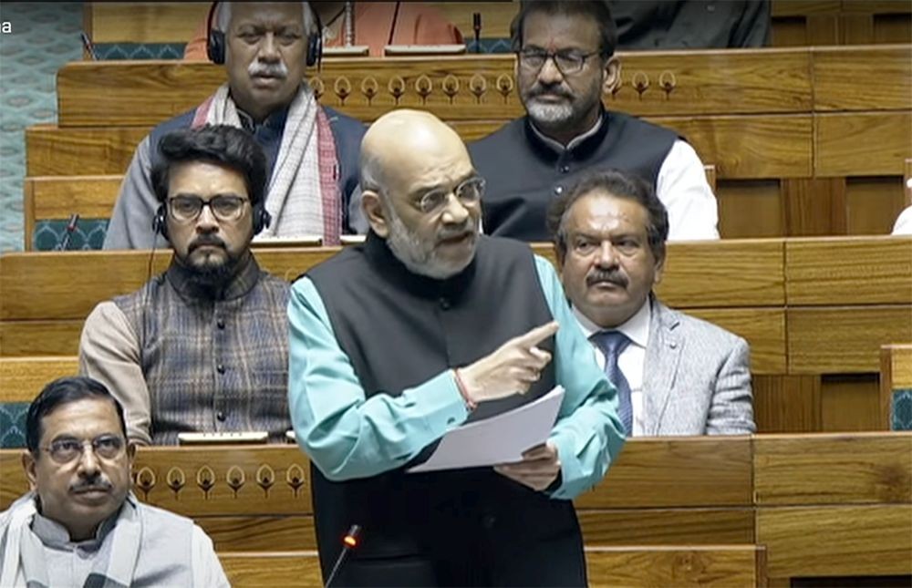 New Delhi: Home Minister Amit Shah speaks in the Lok Sabha during the Budget session of Parliament, in New Delhi, Saturday, Feb. 10, 2024.(IANS/Video Grab/Sansad TV)