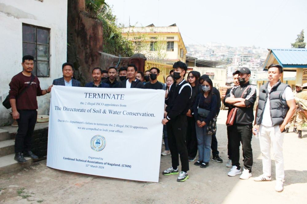 CTAN stages agitation at the Directorate of Soil & Water Conservation in Kohima on March 12. (Morung Photo)