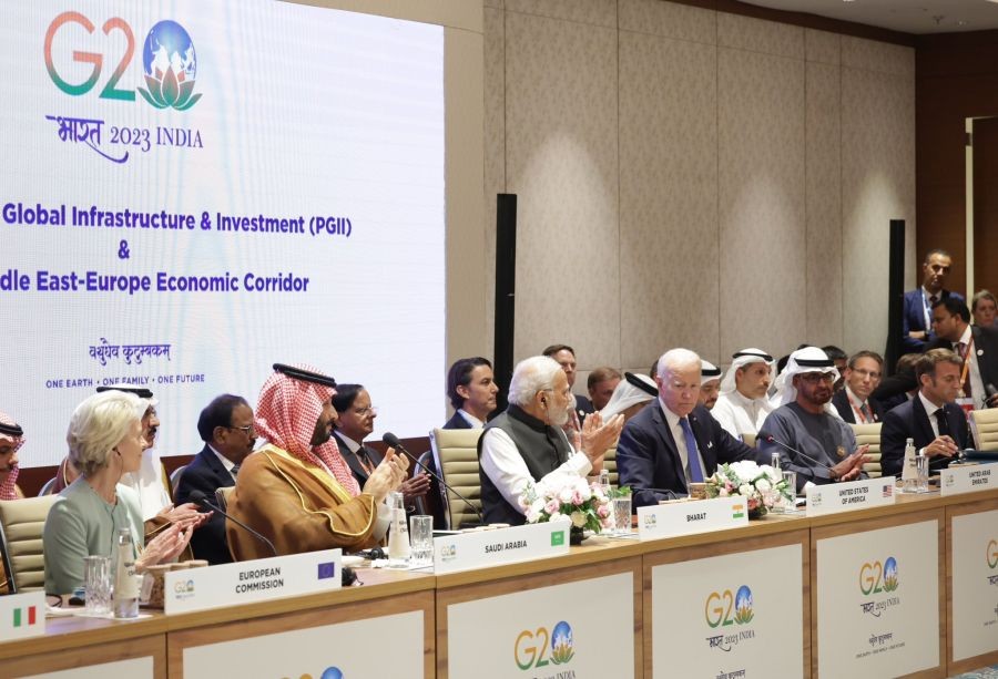 Prime Minister Narendra Modi with US President Joe Biden, Crown Prince and Prime Minister of Saudi Arabia Mohammed bin Salman bin Abdulaziz Al Saud, President of European Commission Ursula von der Leyen and other dignitaries at the Partnership for Global Infrastructure and Investment & India-Middle East-Europe Economics Corridor event during the G20 Summit 2023, in New Delhi, Saturday, Sep. 9, 2023.(IANS/Twitter:@narendramodi