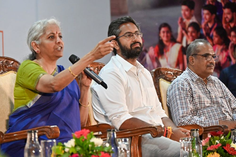 Vishakapatnam : Union Finance Minister Nirmala Sitharaman speaks during the Viksit Bharat Ambassador Programme in Vishakapatnam on Monday, April 29, 2024. (Photo: IANS)