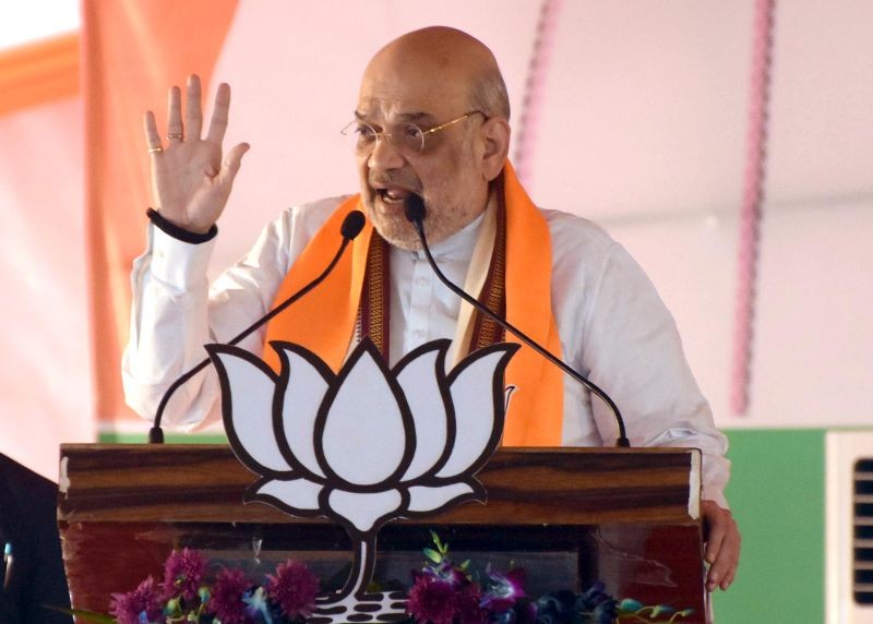 Union Home Minister Amit Shah addresses a public meeting ahead of Lok Sabha Elections, in Moradabad,Friday, April 12, 2024.(IANS)