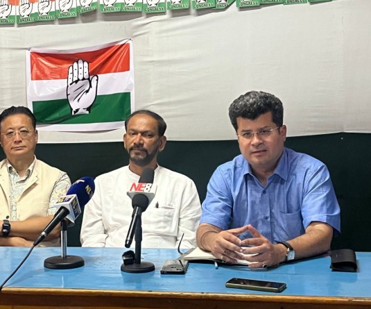 Left to right, C Apok Jamir, AICC in-charge of Tripura Nagaland Sikkim Manipur, Girish Chodankar and Ranajit Mukherjee during the press conference in Dimapur on April 17. (Morung Photo)