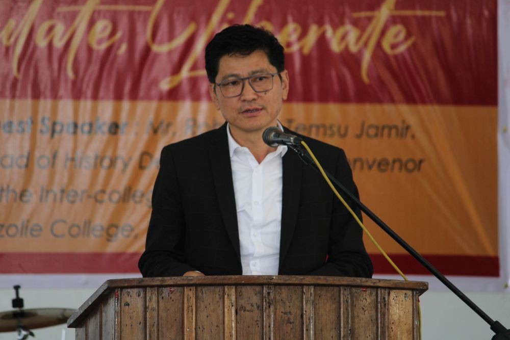 Guest speaker and debate critic, Robinson Temsu Jamir, HoD, History Department, Sazolie College, Jotsoma for the Baptist College Literary Day 2024 held on April 5 in Kohima.