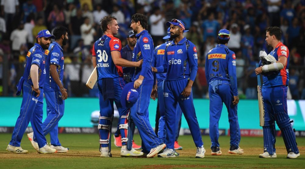 Mumbai: Delhi Capitals' Tristan Stubbs greets Mumbai Indians players at the end of the IPL match between Mumbai Indians and Delhi Capitals at Wankhede Stadium in Mumbai on Sunday, April 7, 2024. (Photo: IANS)