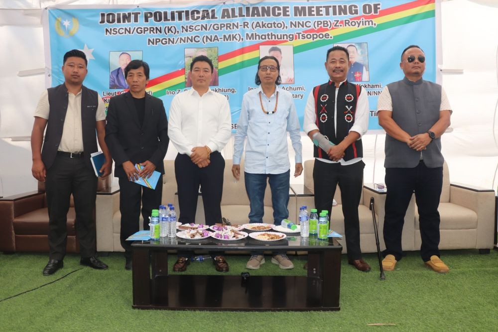 NSCN/GPRN president Akato Chophy (3rd from right), NNC (Parent Body) president Z Royim (2nd from left) and others during the joint political alliance meeting of the collective leaders of NSCN-K (Khango), NSCN/GPRN (Akato), Z Royim led NNC (Parent Body) and Mhathung Tsopoe led NPGN/NNC/NA (MK) on April 4.