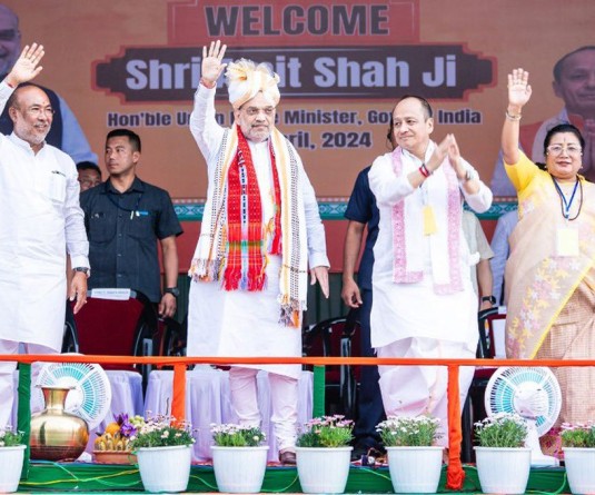 Imphal: Union Minister and BJP leader Amit Shah with Chief Minister of Manipur N Biren Singh and others at a public rally ahead of Lok Sabha polls, in Imphal, Manipur, Monday, April 15, 2024.(IANS/X/@NBirenSingh)
