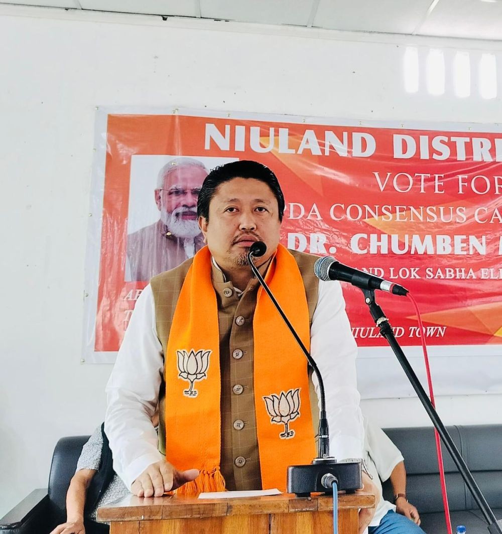 Minister Jacob Zhimomi addressing the People’s Democratic Alliance campaign in Niuland on April 10. (Photo Courtesy: X)