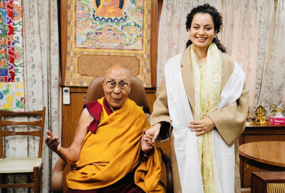 Dharamshala: Actress and BJP candidate from Mandi, Kangana Ranaut meets Tibetan spiritual leader Dalai Lama at his residence in Mcleodganj, Dharamshala,Monday, April 15, 2024.(IANS/X/@KanganaTeam)
