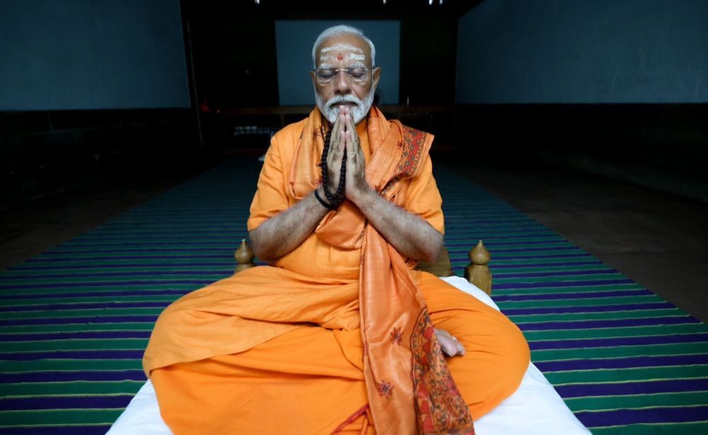 Kanniyakumari: Prime Minister Narendra Modi meditates at the Vivekananda Rock Memorial in Kanniyakumari on Friday, May 31, 2024. (Photo: IANS/@BJP4India)