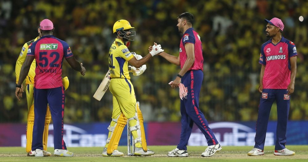 Chennai: Rajasthan Royals' and Chennai Super Kings' greets each other after the IPL match between Chennai Super Kings and Rajasthan Royals at MA Chidambaram Stadium in Chennai on Sunday, May 12, 2024. (Photo: IANS)