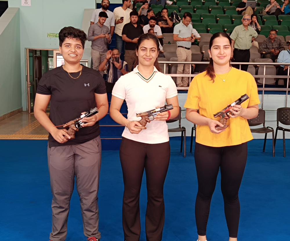 Manu Bhaker soars high in Women’s 25M Pistol, Anish Bhanwala takes expected win in Men’s 25M Rapid-Fire Pistol in Olympic Selection Trial T1 (OST T1) at the Dr. Karni Singh Shooting Range on Saturday near New Delhi. Photo credit: NRAI