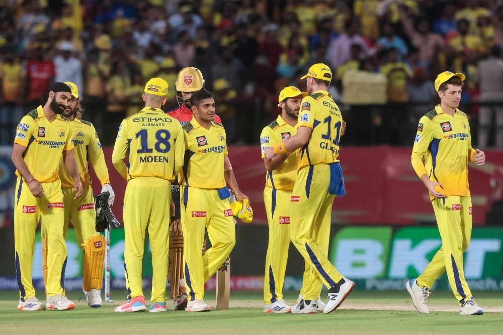 Dharamshala: Chennai Super Kings players celebrate their win in the IPL match against Punjab Kings in Dharamshala on Sunday, May 5, 2024. (Photo: IANS/Raj Kumar)