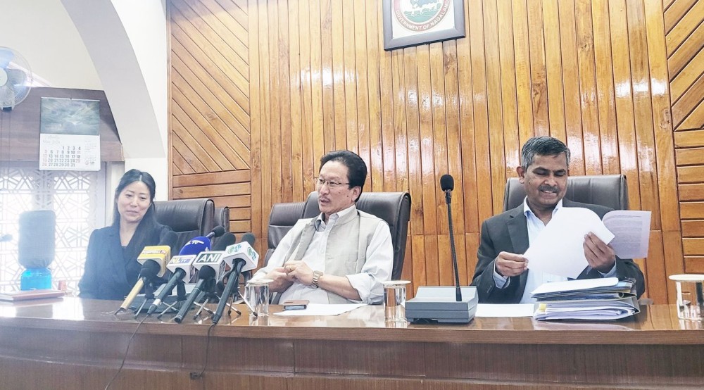 KG Kenye (middle) addressing a press conference in Kohima on May 16. (Morung Photo)
