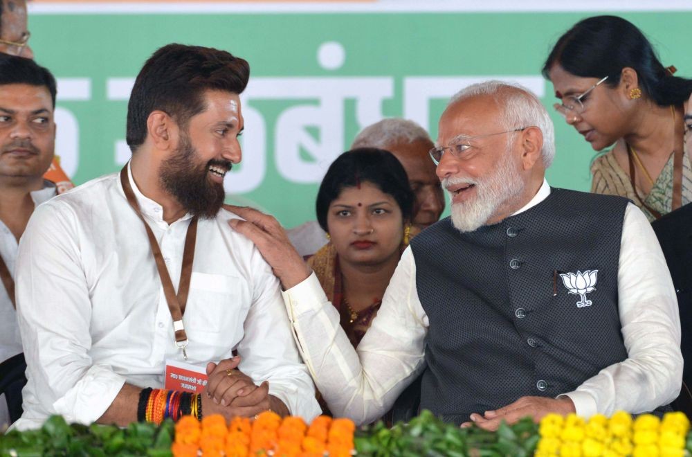 Hajipur: Prime Minister Narendra Modi with LJP (Ram Vilas) Chief Chirag Paswan during a public meeting for Lok Sabha elections, in Hajipur, Bihar, Monday, May 13, 2024.(IANS)