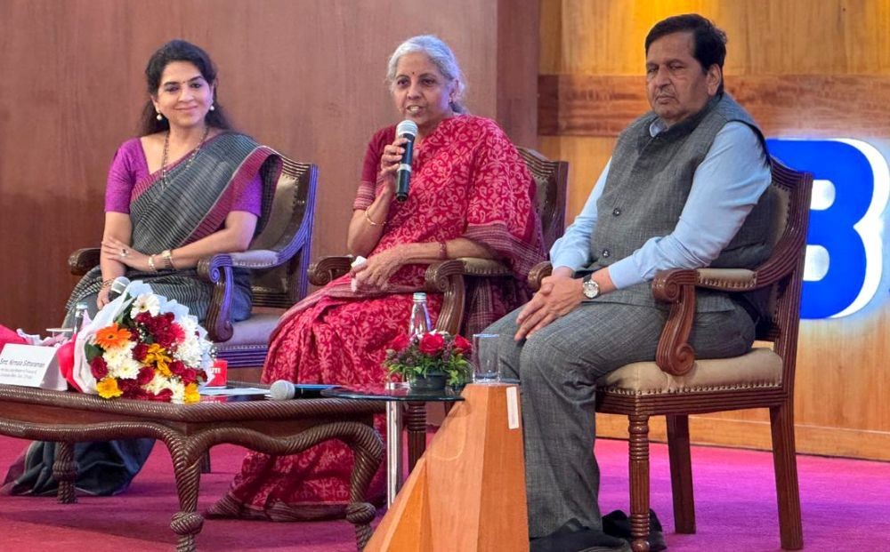 Mumbai: Finance Minister Nirmala Sitharaman speaks during an interactive session on 'Viksit Bharat 2047 - Vision for Indian Financial Markets' in Mumbai,Tuesday, May 14, 2024.(IANS/X/@nsitharamanoffc)