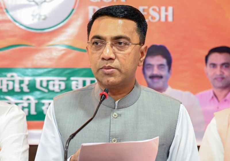 Goa Chief Minister Pramod Sawant addresses a press conference in Panaji on Thursday, April 18, 2024. (Photo: IANS/Atish Naik)