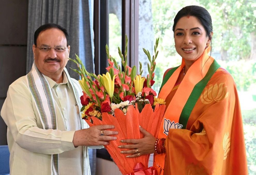New Delhi: BJP National President JP Nadda meets actor Rupali Ganguly after Ganguly join the party, amid Lok Sabha elections, in New Delhi, Wednesday, May 1, 2024.(IANS/X/@OfficeofJPNadda)
