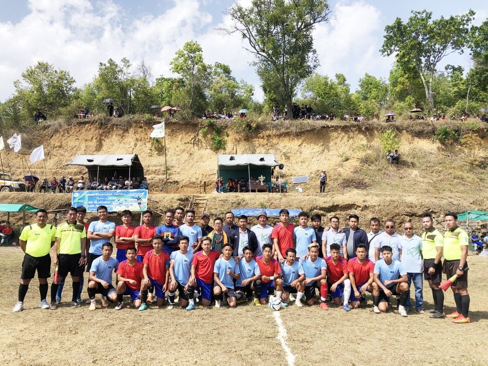 Officials along with referees and the winning team after the final match between TVYO & TTYO at Tening Village Local ground on May 3.
