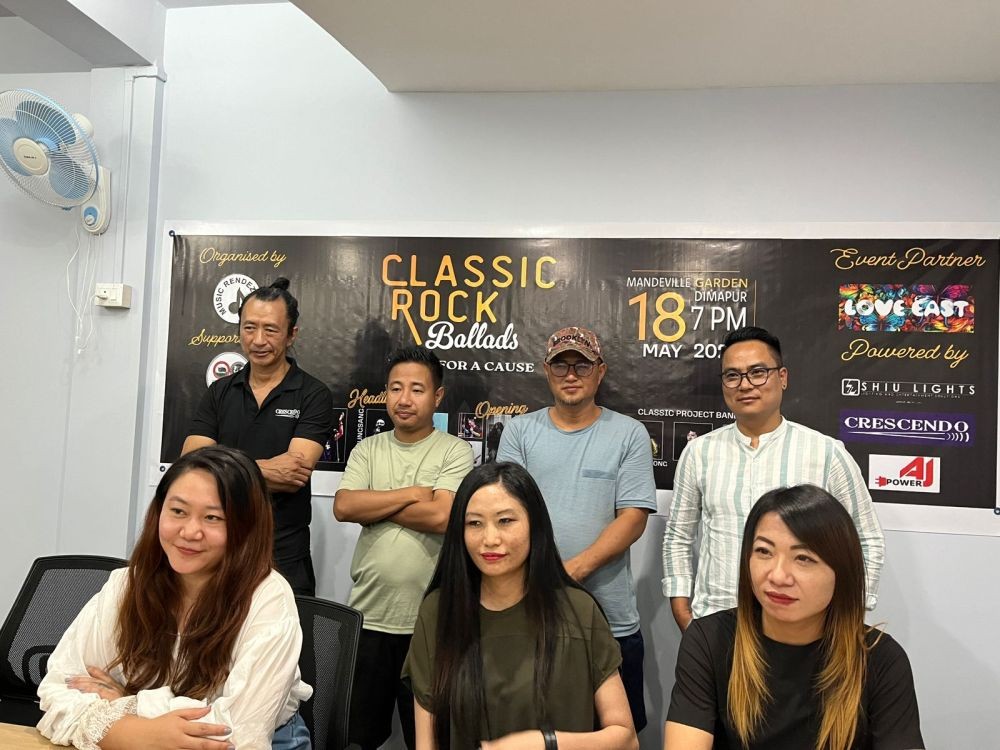 Members of Hotpot, Classic Project Band and Obed Kath (top left) during the press conference at BAN conference hall, Dimapur on May 16. (Morung Photo)