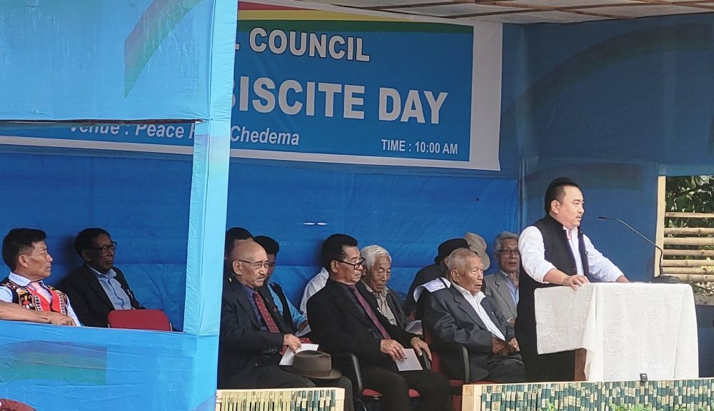 NSF vice president Mteisuding addressing Naga Plebiscite Day at Chedema on May 16. (Morung Photo)