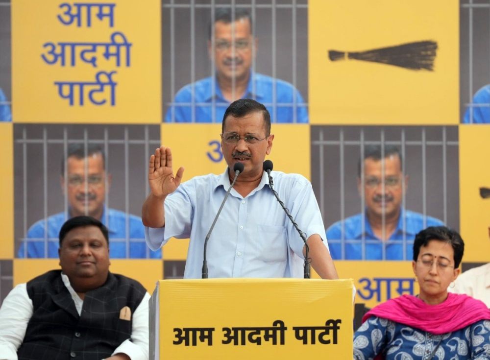 Delhi CM and AAP national convener Arvind Kejriwal during a party workers meeting ahead of his surrender at the Tihar Jail, in New Delhi,Sunday, June 02, 2024.(IANS/Wasim Sarvar)