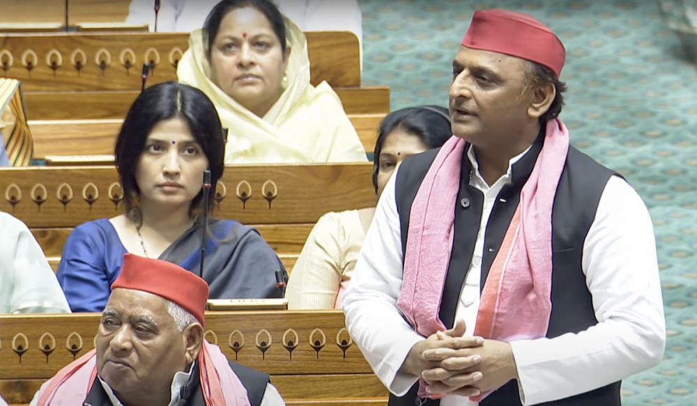 New Delhi: Samajwadi Party MP Akhilesh Yadav speaks in the 18th Lok Sabha during the first session at Parliament House in New Delhi on Wednesday, June 26, 2024. (Photo: IANS/Sansad TV)