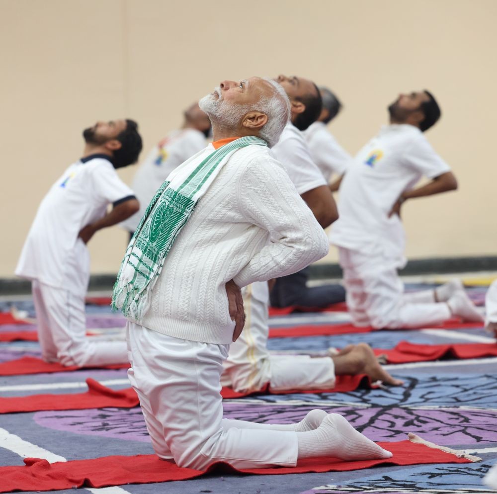 Srinagar : Prime Minister Narendra Modi performs yoga during a programme organised on the occasion of International Yoga Day, in Srinagar on Friday, June 21, 2024. (Photo: IANS)